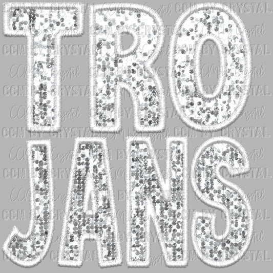 Trojans White Mascot Faux Sequins Faux Embroidery Mascot Ready to Press Transfer