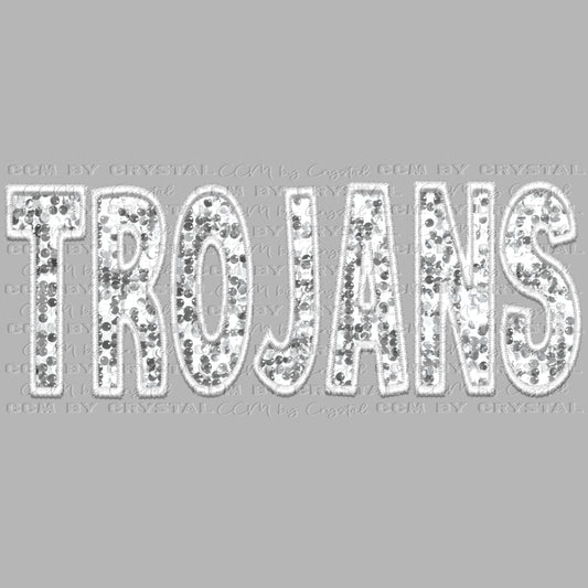 Trojans White Mascot Faux Sequins Faux Embroidery Mascot Ready to Press Transfer