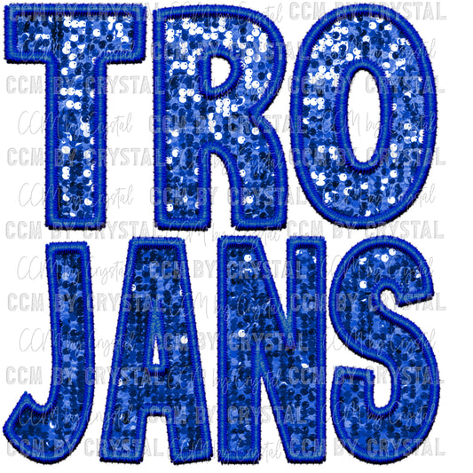 Trojans Blue Mascot Faux Sequins Faux Embroidery Mascot Ready to Press Transfer