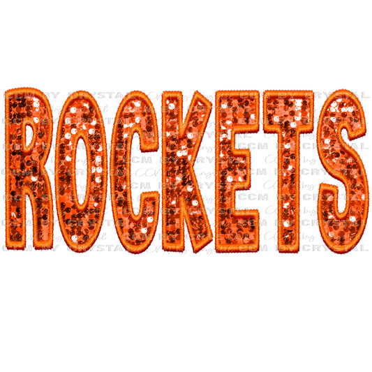 Rockets Orange Mascot Faux Sequins Faux Embroidery Mascot Ready to Press Transfer