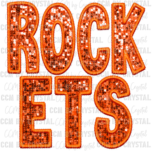 Rockets Orange Mascot Faux Sequins Faux Embroidery Mascot Ready to Press Transfer