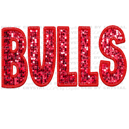 Bulls Red Mascot Faux Sequins Faux Embroidery Mascot Ready to Press Transfer