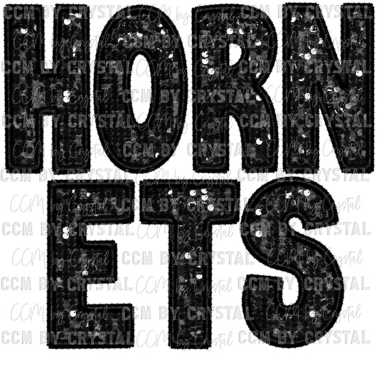 Hornets Black Mascot Faux Sequins Faux Embroidery Mascot Ready to Press Transfer