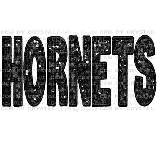 Hornets Black Mascot Faux Sequins Faux Embroidery Mascot Ready to Press Transfer