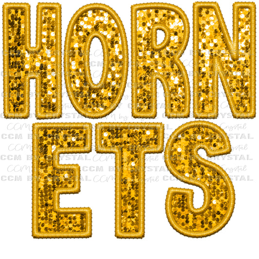 Hornets Gold Mascot Faux Sequins Faux Embroidery Mascot Ready to Press Transfer
