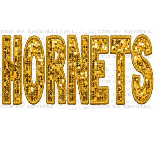 Hornets Gold Mascot Faux Sequins Faux Embroidery Mascot Ready to Press Transfer