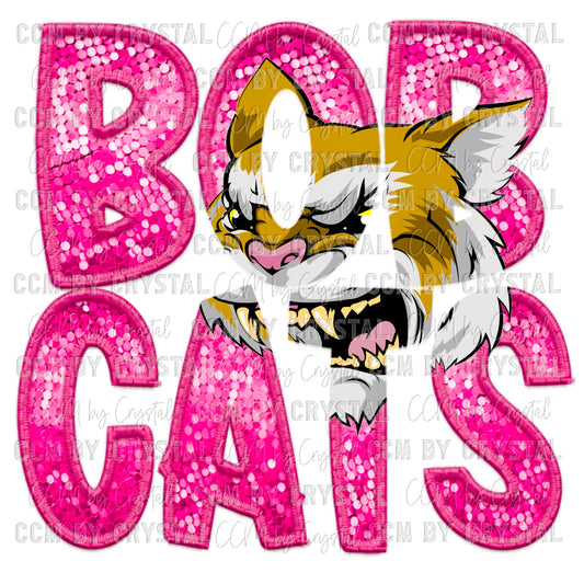 Bobcats pink Mascot Faux Sequins Faux Embroidery Mascot Ready to Press Transfer