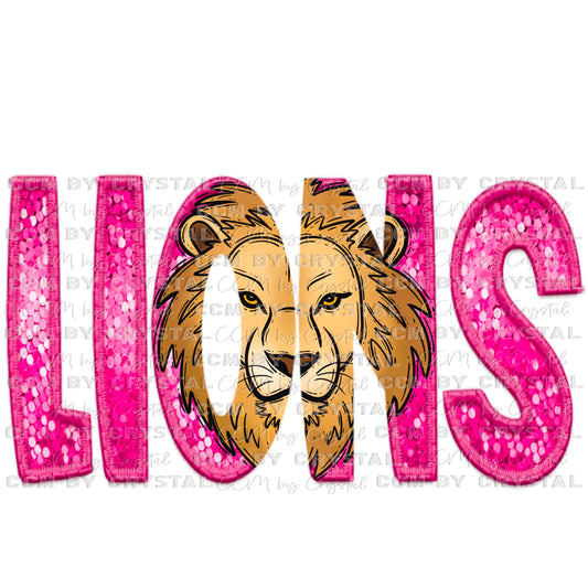 Lions pink Mascot Faux Sequins Faux Embroidery Mascot Ready to Press Transfer