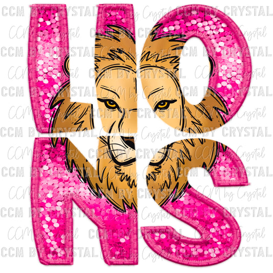 Lions pink Mascot Faux Sequins Faux Embroidery Mascot Ready to Press Transfer