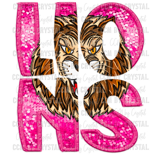 Lions pink Mascot Faux Sequins Faux Embroidery Mascot Ready to Press Transfer