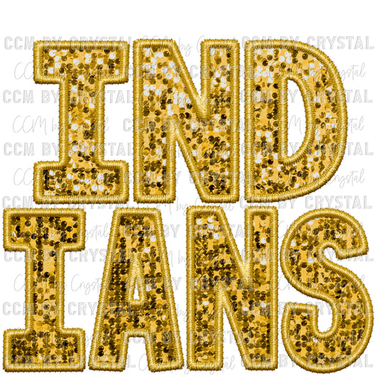 Indians Gold Mascot Faux Sequins Faux Embroidery Mascot Ready to Press Transfer