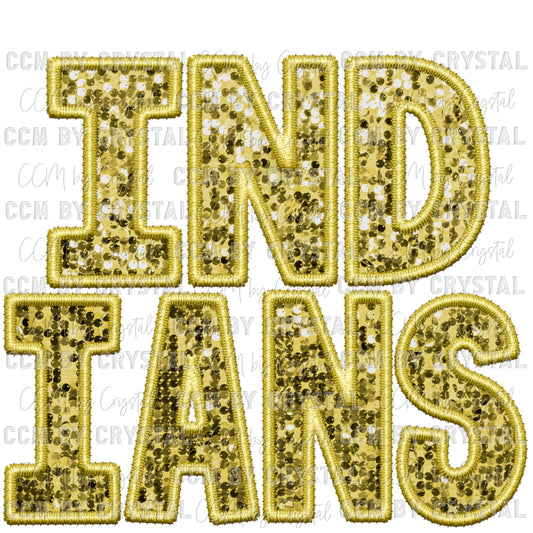 Indians Gold Mascot Faux Sequins Faux Embroidery Mascot Ready to Press Transfer