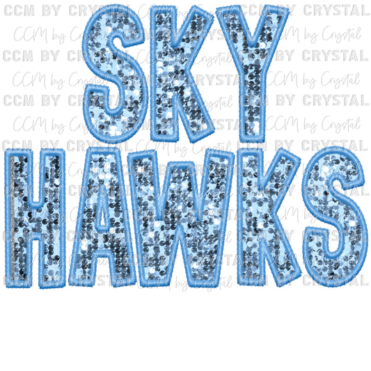 Sky Hawks Mascot Faux Sequins Faux Embroidery Mascot Ready to Press Transfer