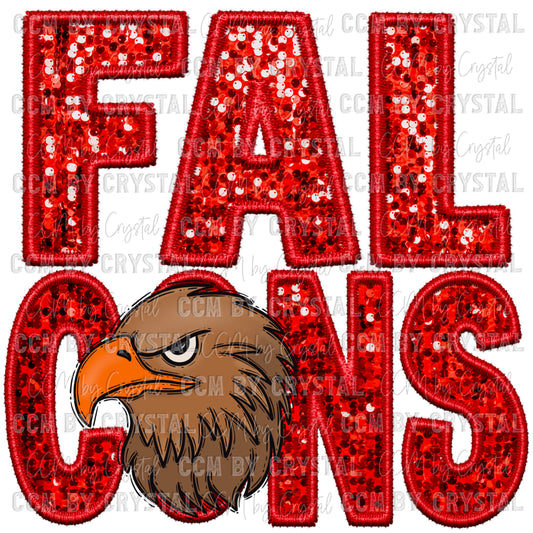 Falcons Red Faux Embroidery Faux Sequins Ready To Press Transfer