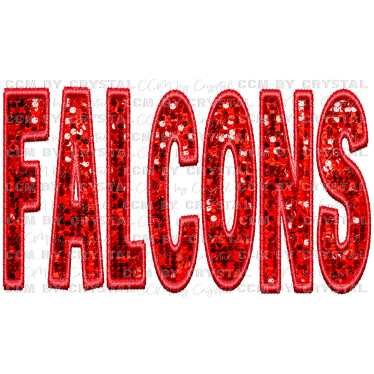 Falcons Red Faux Embroidery Faux Sequins Ready To Press Transfer