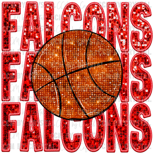 Falcons Basketball Red Faux Embroidery Faux Sequins Ready To Press Transfer