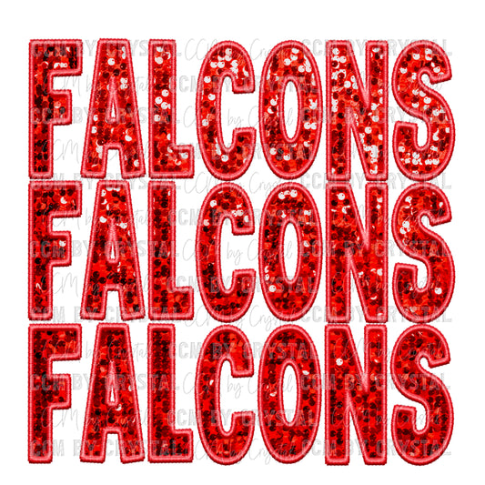 Falcons Red Faux Embroidery Faux Sequins Ready To Press Transfer