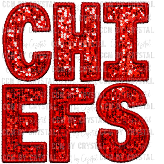 Chiefs Faux Embroidery Faux Sequins Ready To Press Transfer