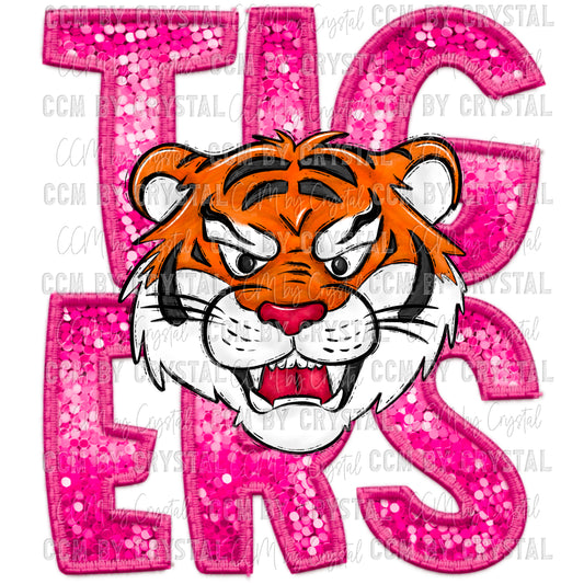 Tigers Pink Faux Embroidery Faux Sequins Ready To Press Transfer