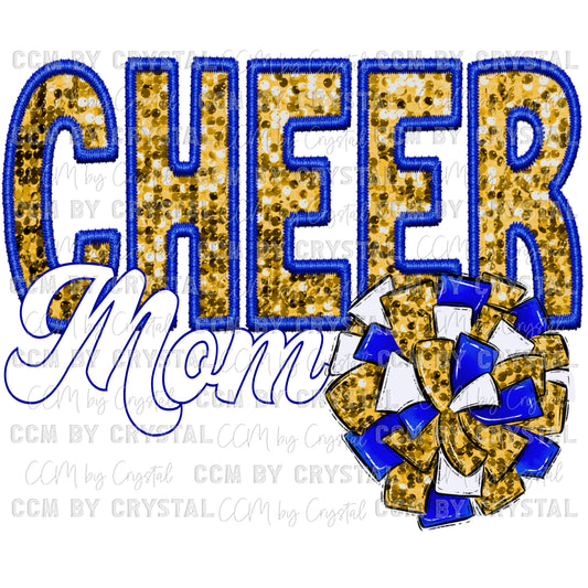 Cheer Mom Blue Gold Faux Embroidery Faux Sequins Ready To Press Transfer