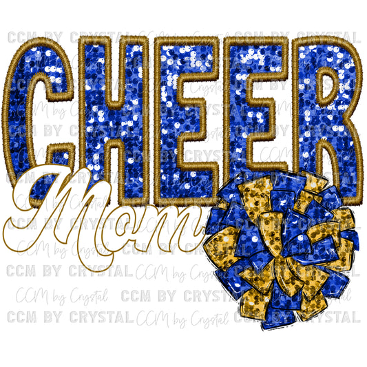 Cheer Mom Blue Gold Faux Embroidery Faux Sequins Ready To Press Transfer