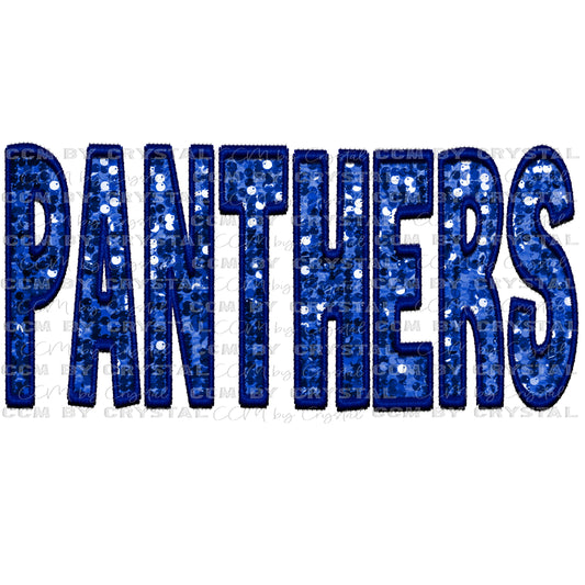 Panthers Mascot Blue Faux Embroidery Faux Sequins Ready To Press Transfer