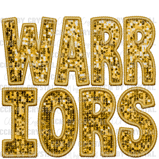 Warriors Mascot Gold Faux Embroidery Faux Sequins Ready To Press Transfer