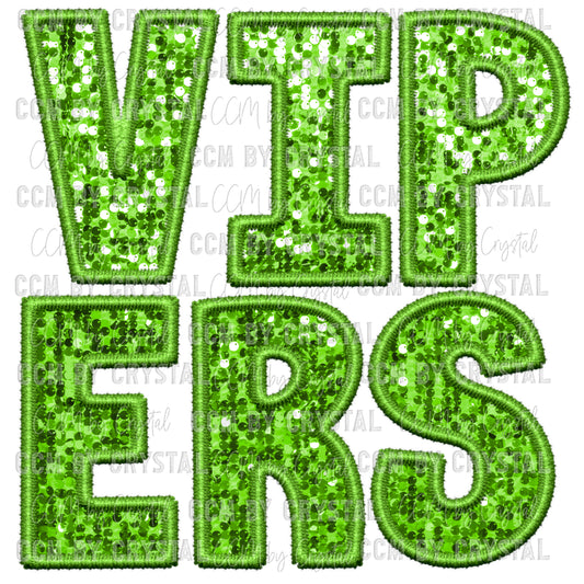 Vipers Mascot Green Faux Embroidery Faux Sequins Ready To Press Transfer