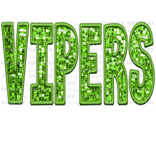 Vipers Mascot Green Faux Embroidery Faux Sequins Ready To Press Transfer