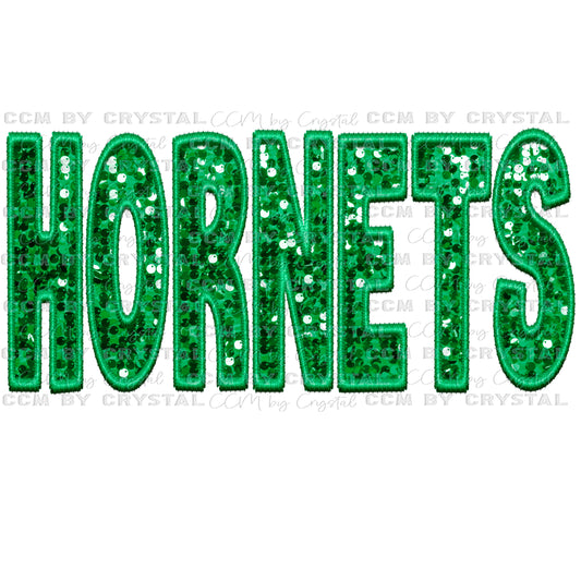 Hornets Mascot Green Faux Embroidery Faux Sequins Ready To Press Transfer