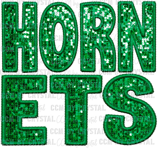 Hornets Mascot Green Faux Embroidery Faux Sequins Ready To Press Transfer
