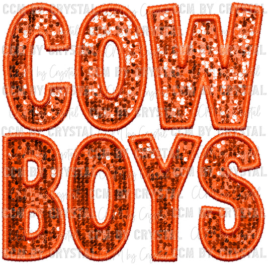 Cowboys Mascot Orange Faux Sequins Faux Embroidery PNG Digital File ONLY