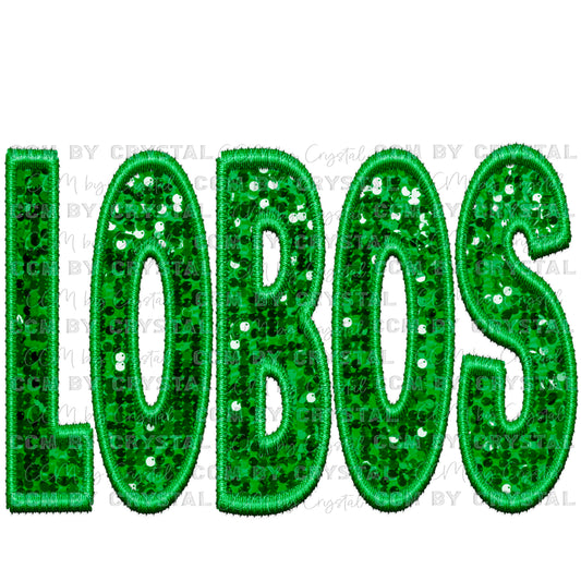 Lobos Green Mascot Faux Embroidery Faux Sequins Ready To Press Transfer