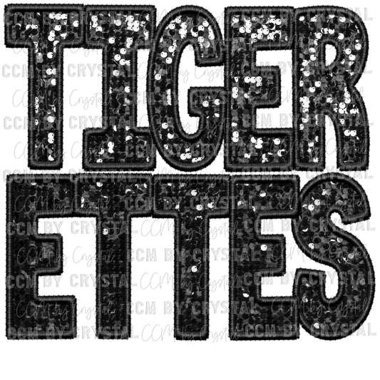 Tigerettes Black Mascot Faux Embroidery Faux Sequins Ready To Press Transfer