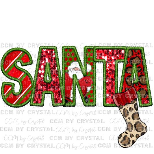 Santa Christmas Faux Embroidery Faux Sequins Ready To Press Transfer