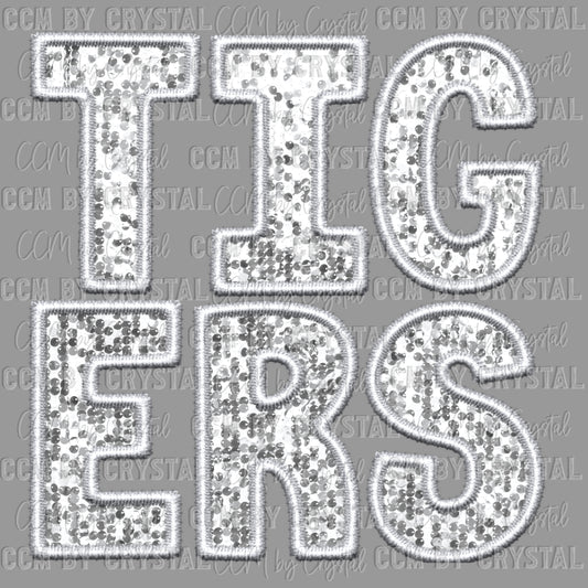 Tigers  Mascot White Faux Embroidery Faux Sequins Ready To Press Transfer