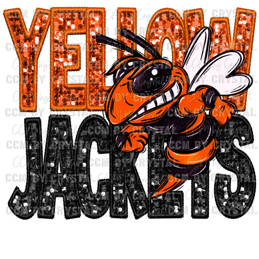 Yellow Jackets Mascot Orange Faux Embroidery Faux Sequins Ready To Press Transfer