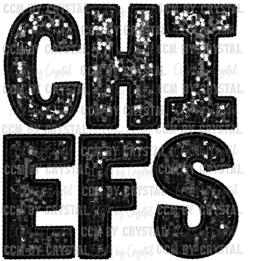 Chiefs Mascot Black Faux Embroidery Faux Sequins Ready To Press Transfer
