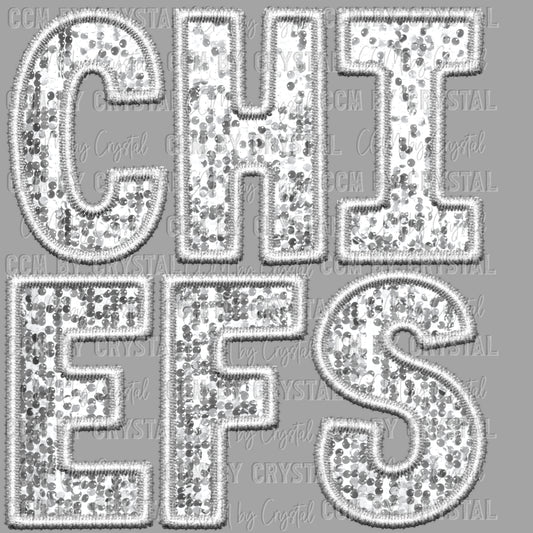 Chiefs Mascot White Faux Embroidery Faux Sequins Ready To Press Transfer