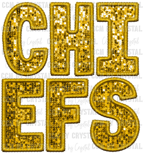 Chiefs Mascot Gold Faux Embroidery Faux Sequins Ready To Press Transfer