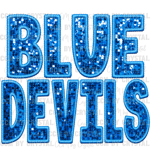 Blue Devils Mascot Faux Embroidery Faux Sequins Ready To Press Transfer