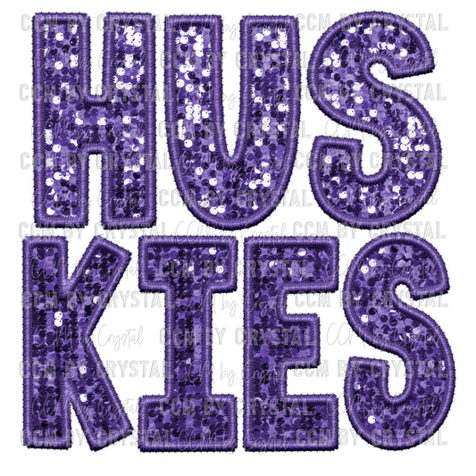 Huskies Mascot Faux Embroidery Faux Sequins Ready To Press Transfer