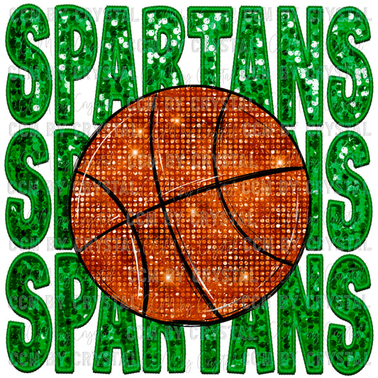 Spartans Basketball Green Mascot Faux Embroidery Faux Sequins Ready To Press Transfer