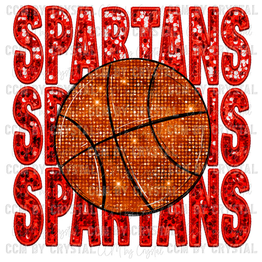 Spartans Basketball Red Mascot Faux Embroidery Faux Sequins Ready To Press Transfer