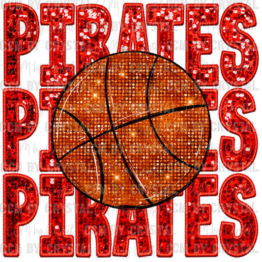 Pirates Basketball Red Faux Sequins Faux Embroidery PNG Digital File ONLY