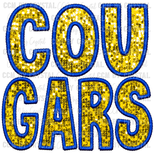 Cougars Mascot Faux Embroidery Faux Sequins Ready To Press Transfer