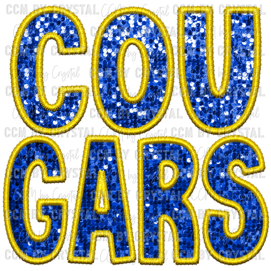 Cougars Mascot Faux Embroidery Faux Sequins Ready To Press Transfer