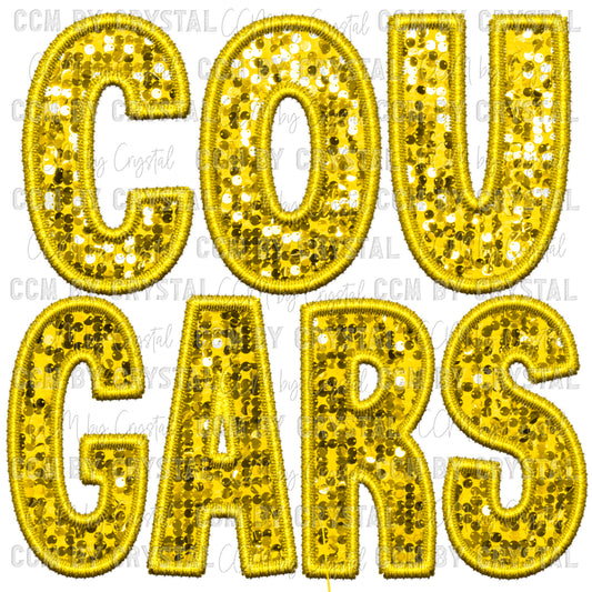 Cougars Mascot Faux Embroidery Faux Sequins Ready To Press Transfer