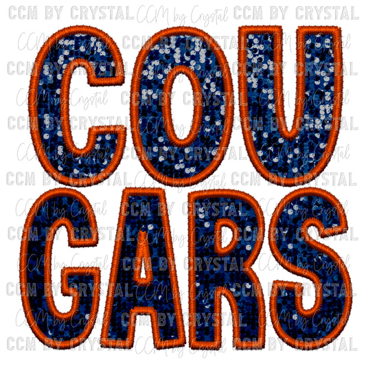 Cougars Mascot Faux Embroidery Faux Sequins PNG Digital File ONLY