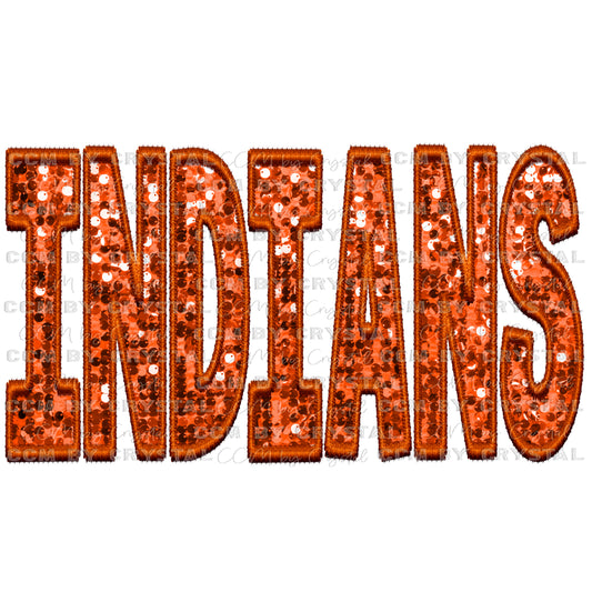 Indians Mascot Orange Faux Embroidery Faux Sequins PNG Digital File ONLY